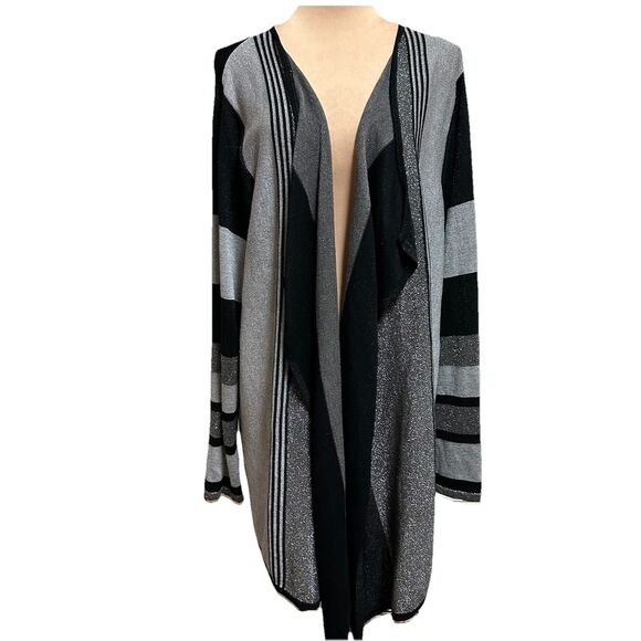 Avenue Women's Plus Black/Silver Open Front Swing Duster Cardigan Sz 22/24 - Picture 1 of 10